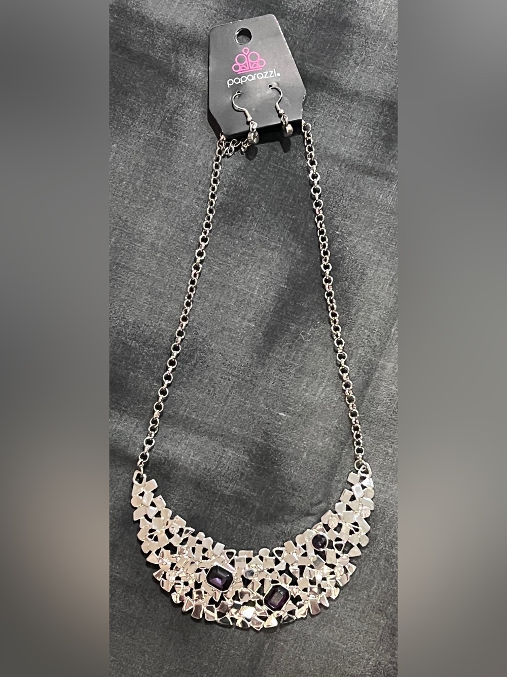 Paparazzi Silver Floral Statement Necklace with Purple Stones